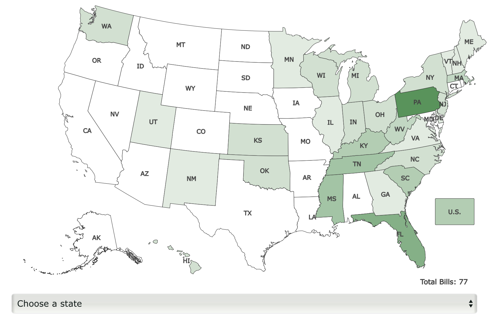 a map of the US with states shaded to represent filed marijuana-related legislation
