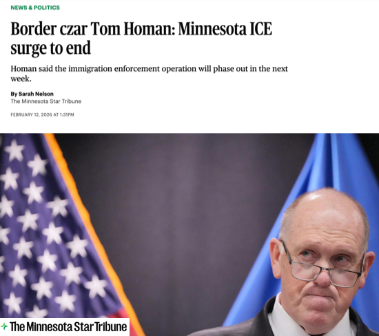 A screenshot of an article in The Minnesota Star Tribune with the headline, “Border czar Tom Homan: Minnesota ICE surge to end.”