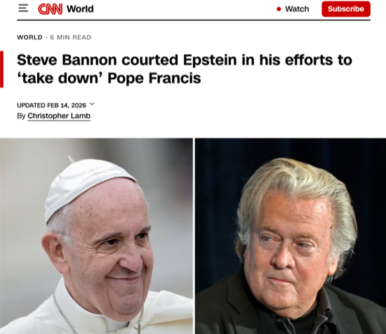 A screenshot of a CNN article with the headline that says, “Steve Bannon courted Epstein in his efforts to ‘take down’ Pope Francis.”