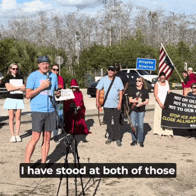 A GIF of Doug speaking at Alligator Alcatraz.