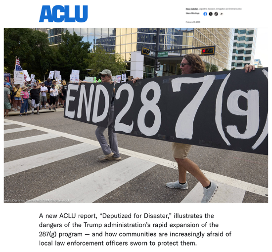 A screenshot of a report from the ACLU with the headline, “Deputized for Disaster.”