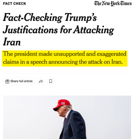 A screenshot of a NYT article with the headline, “Fact-Checking Trump’s justifications for attacking Iran.”