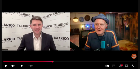 A screenshot of a livestreamed Vote Common Good conversation with James Talarico.