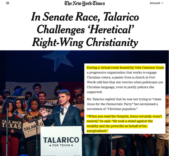 A screenshot of a NYT article with the headline, “In Senate Race, Talarico Challenges ‘Heretical’ Right-Wing Christianity.”