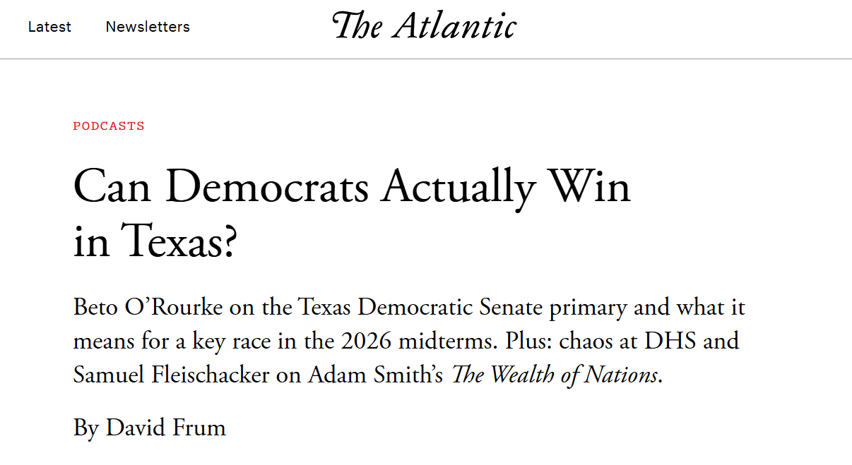 A screenshot of an article from The Atlantic with the headline, “Can Democrats Actually Win in Texas?”