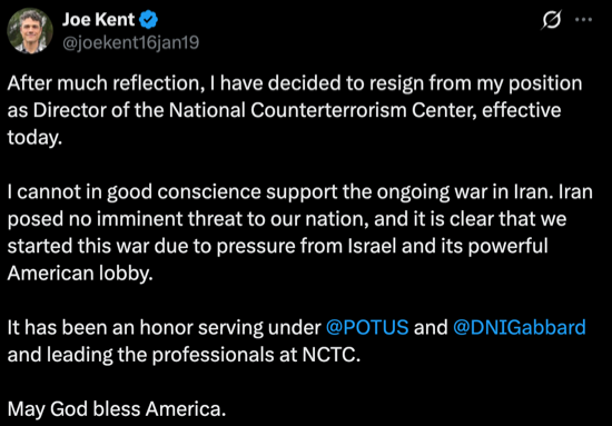 A screenshot of a Tweet by Joe Kent that says, in part, 