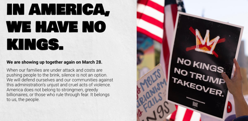 A screenshot of the homepage from NoKings saying No Kings. No Trump Takeover.