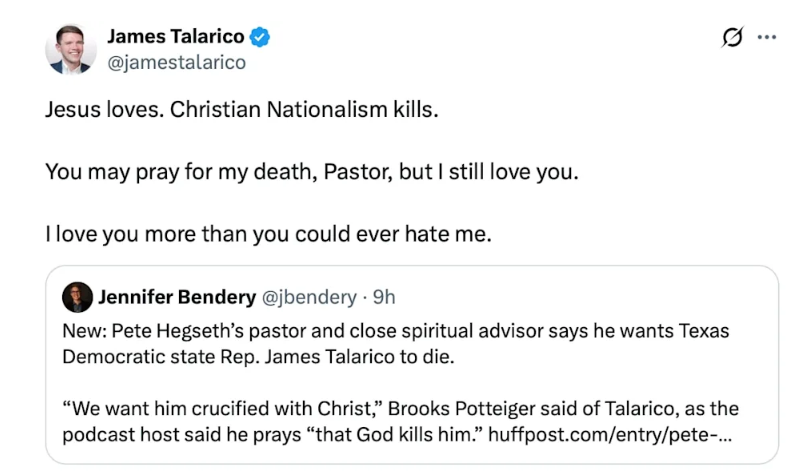 A screenshot of a Tweet by James Talarico responding to Brooks Potteiger’s comment.