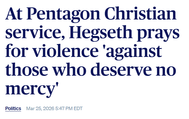 A screenshA screenshot of PBS article with headline, At Pentagon Christian service, Hegseth prays for violence 'against those who deserve no mercy'ot of a news article from KCRA3 with the headline, 