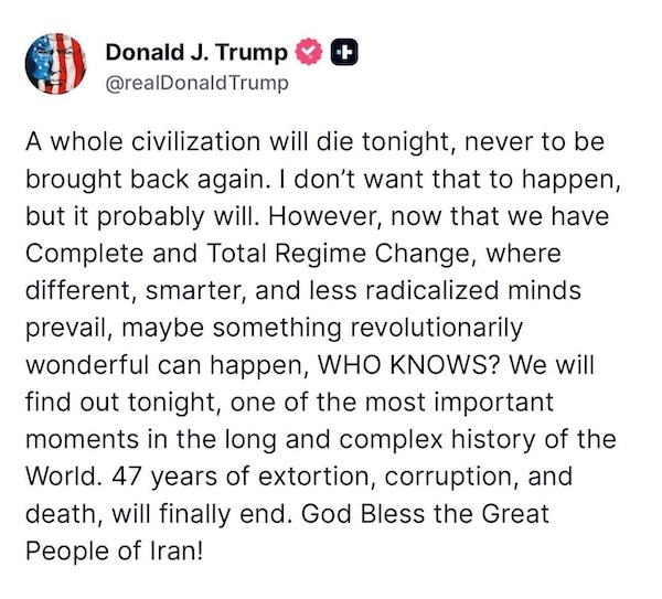 A screenshot of a Truth Social post by Donald Trump that says, 