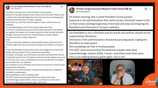 Vote Common Good Podcast GIF featuring tweets by Marjorie Taylor Greene coming out against Donald Trump.