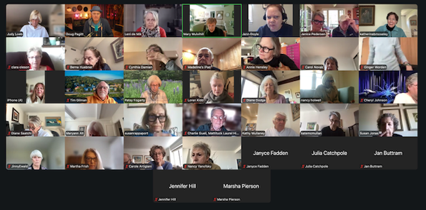 A screenshot of a Zoom meeting with Doug Pagitt and Seniors taking Action.