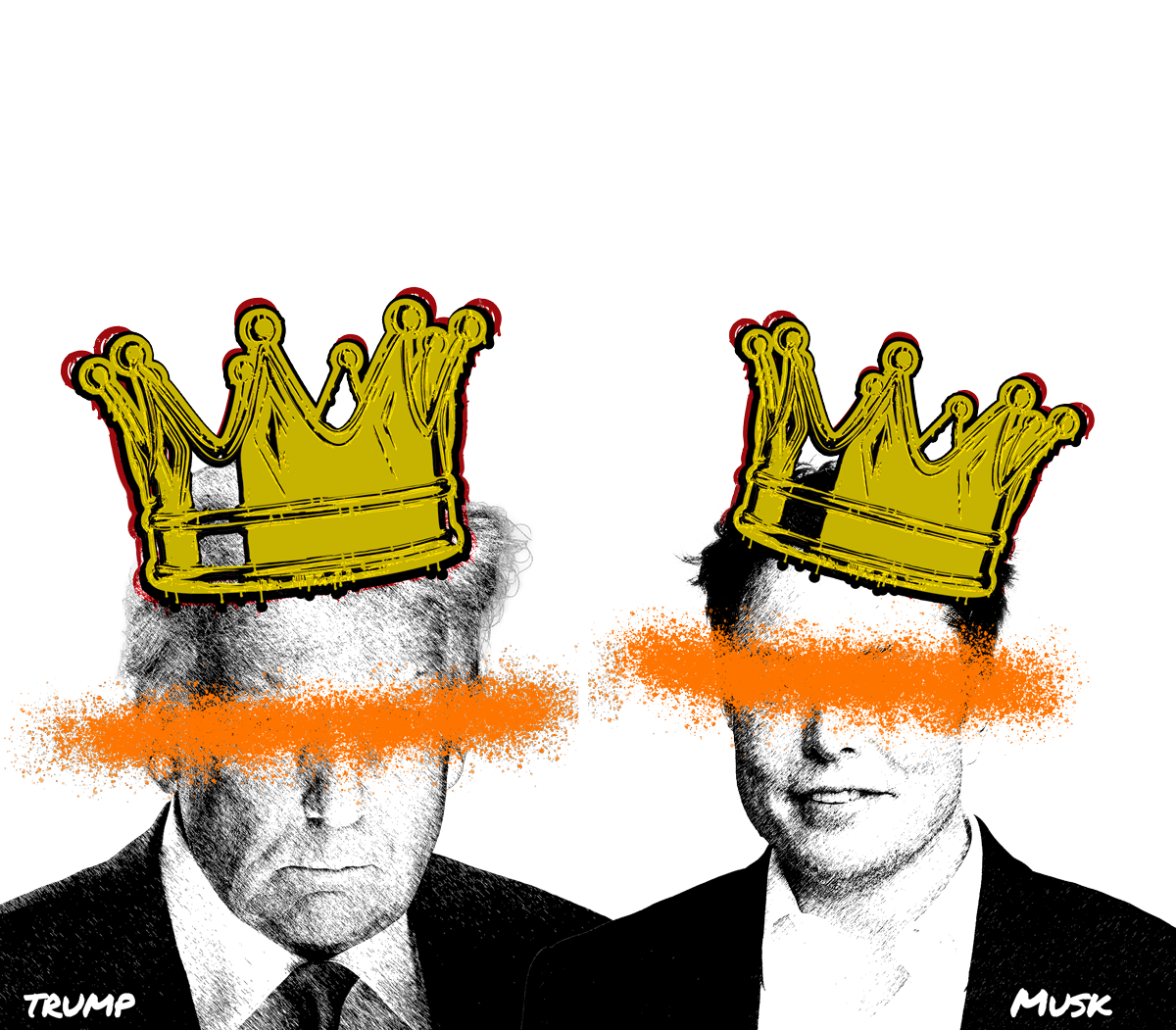 rump and Musk wearing crowns that drip blood and oil