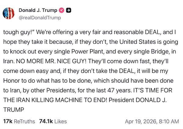 A screenshot of Donald Trump’s April 19, 2026, social media post.
