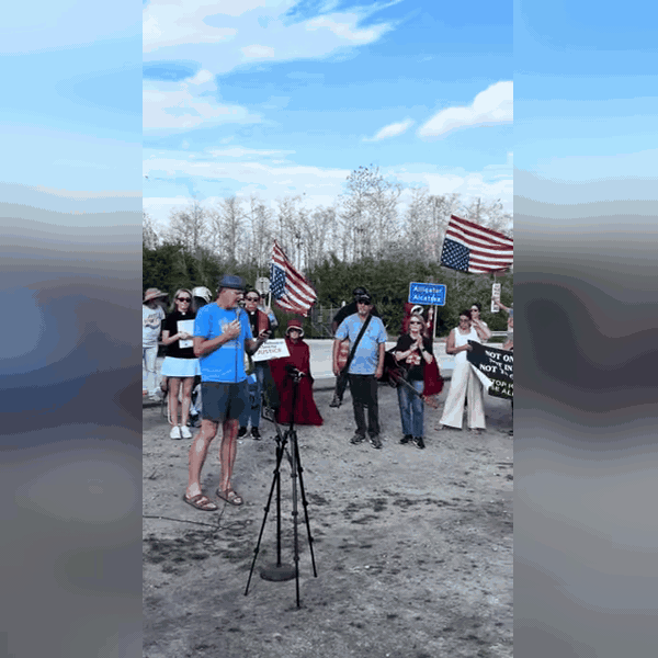 A GIF of Doug Pagitt speaking outside of Alligator Alcatraz.