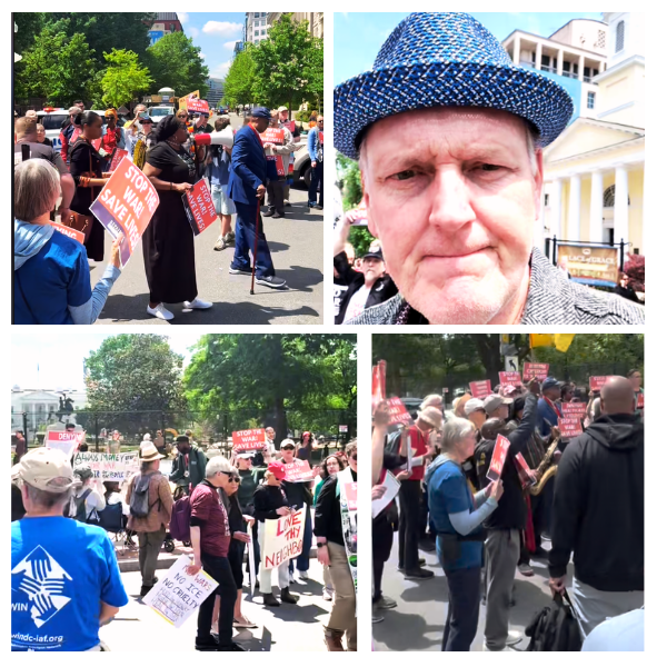 A collage featuring images from a protest calling for a moral response to the war.