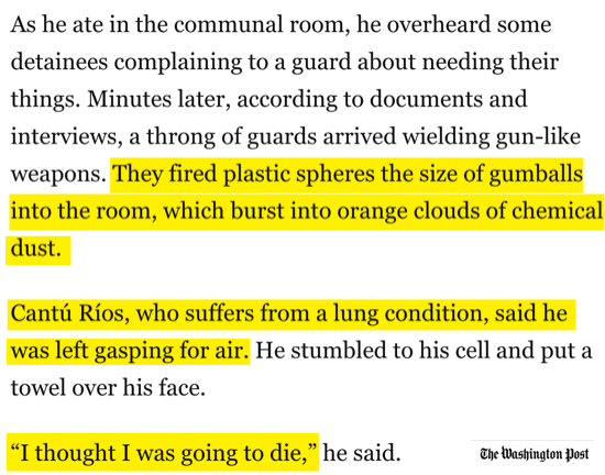 A screenshot from a Washington Post article. Cantu Rios recounts getting sprayed with chemicals, leaving him gasping for air.