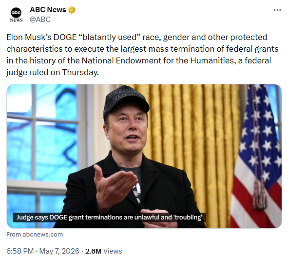 A screenshot of ABC News' post on X about how Elon Musk's DOGE 
