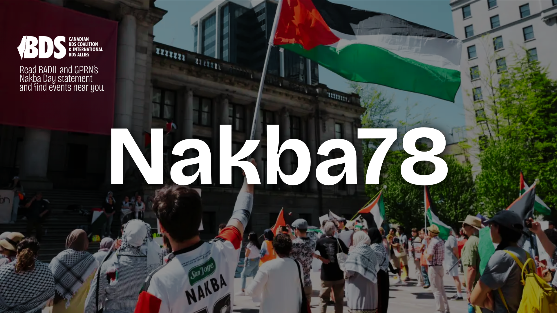 'Background photo of a rally in support of Palestine. A young person is wearing a football jersey with 