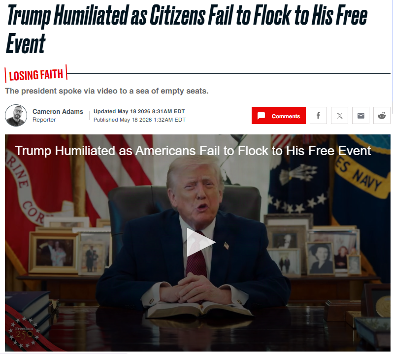 A screenshot of a Reuters image depicting empty rows at Rededicate 250 from The Daily Beast article with the headline, 