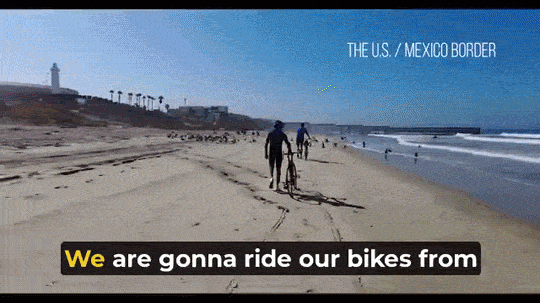 A GIF of Vote Common Good cyclists at the U.S./Mexico border at the start of a 3,265-mile bike ride across America to collect and share stories from border communities.