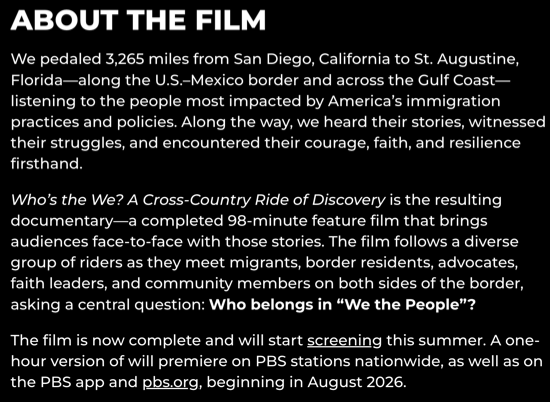 A screenshot About The Film, Who's the We. Who’s the We? A Cross-Country Ride of Discovery is the resulting documentary—a completed 98-minute feature film that brings audiences face-to-face with those stories. 