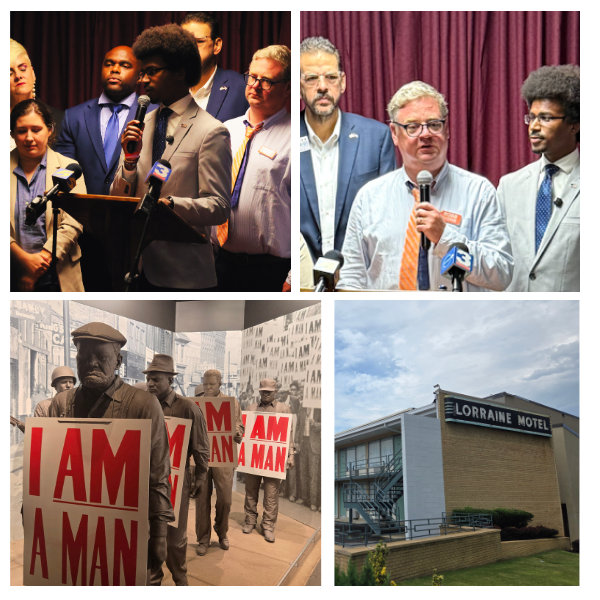 A collage featuring images from Vote Common Good's trip to Memphis, including the group that spoke, the Civil Rights Museum, and the Lorraine Motel where Martin Luther King Jr. was killed.