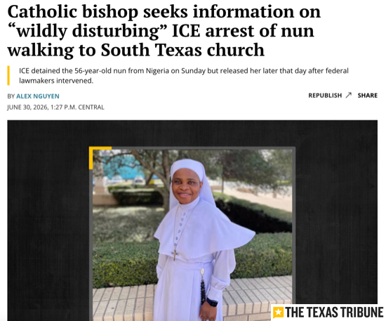 A screenshot of an article from The Texas Tribune with the headline, 