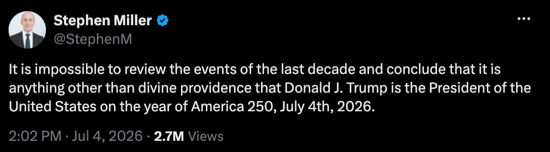 A screenshot of a tweet by Stephen Miller that says, 