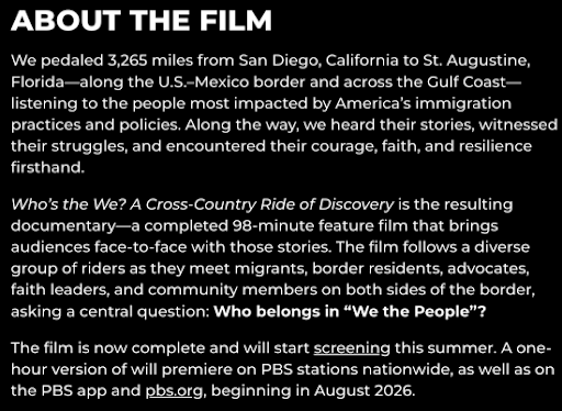 A screenshot About The Film, Who's the We. Who’s the We? A Cross-Country Ride of Discovery is the resulting documentary—a completed 98-minute feature film that brings audiences face-to-face with those stories.