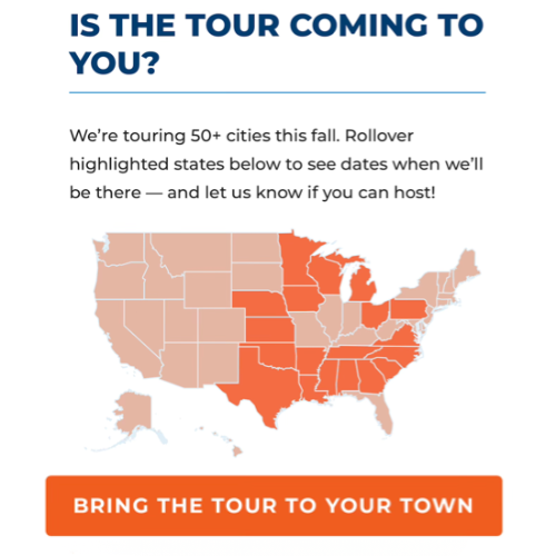 A screenshot from the VCG tour homepage, showing people a map of where the tour is going and asking them to 