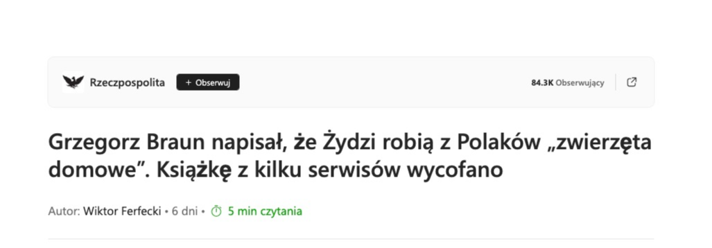 Rzeczpospolita: książkę Roli z przedmową Brauna wycofano z części serwisów