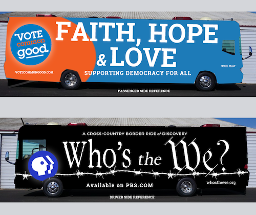An image showing the two sides of the Vote Common Good bus wrap design.