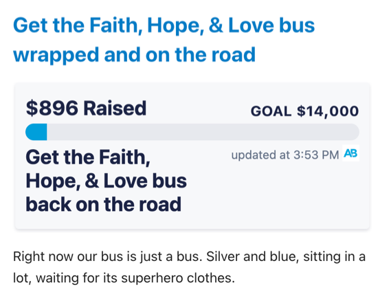A screenshot of the ActBlue donation tracker for the bus wrap.