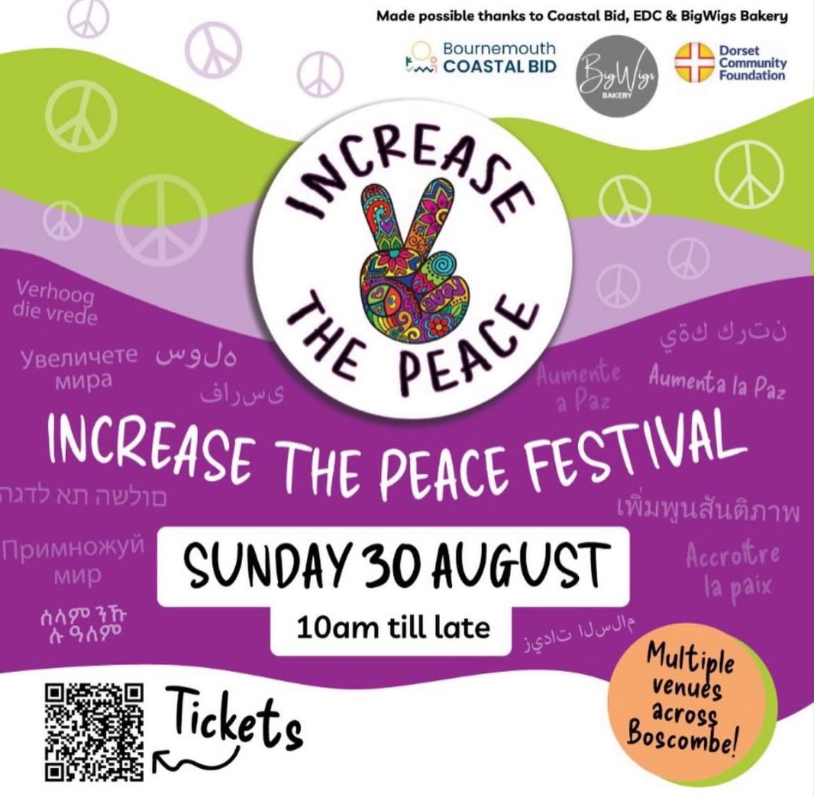 flyer for Increase the Peace Festival in Bournemouth 30 Aug