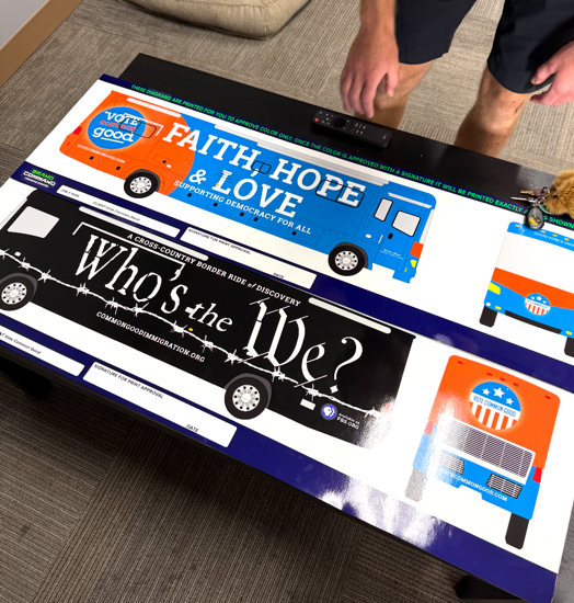 The proofs for the Vote Common Good bus wrap, signed off today and headed to print.