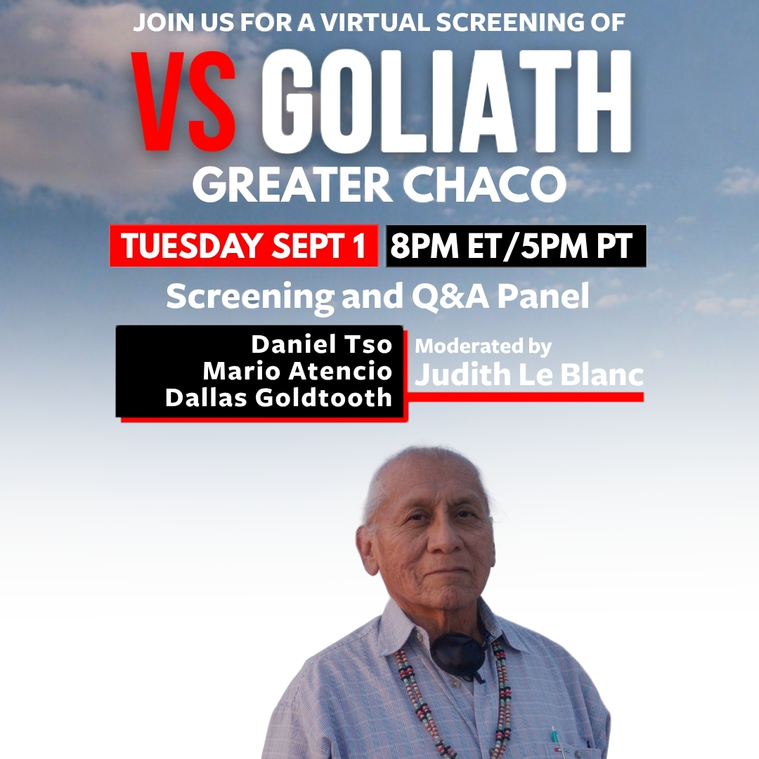 Greater Chaco Vs Goliath poster shows Daniel Tso, an elder Indigenous man in a checked shirt with a beaded necklace.