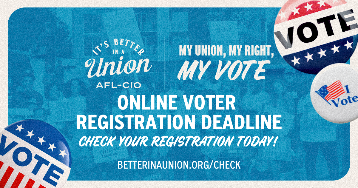 A blue banner with the words, “Online Voter Registration Deadline | Check Your Registration Today!” and voting buttons