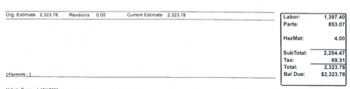 A receipt showing bus repairs coming to $2,323.78.