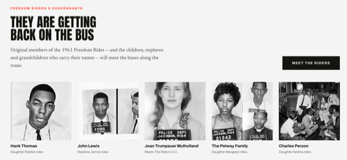 A screenshot from TheRide2026's homepage featuring family members of the original Freedom Riders, saying, 