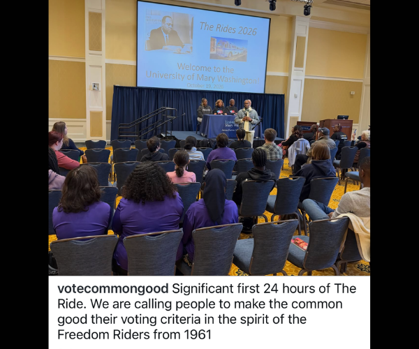 A screenshot from Vote Common Good's Instagram page with a photo from the speech at the University of Mary Washington and a caption that says, 