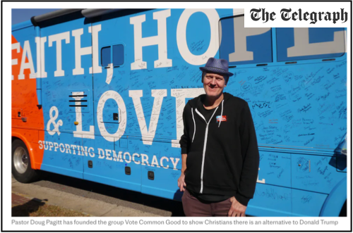 A screenshot of an image of Doug Pagitt from The Telegraph in front of the Faith, Hope, & Love bus.