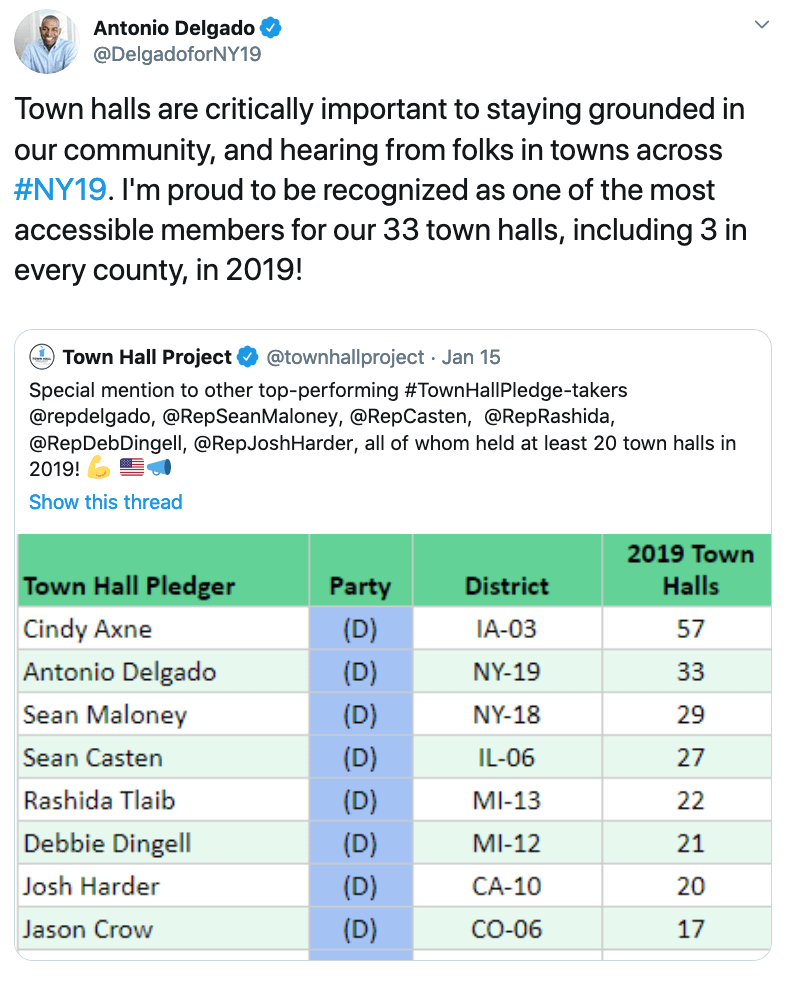 Town halls are critically important to staying grounded in our community, and hearing from folks in towns across #NY19. I'm proud to be recognized as one of the most accessible members for our 33 town halls, including 3 in every county, in 2019!