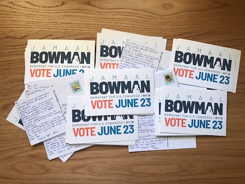 A stack of postcards with the Jamaal Bowman for Congress logo on front