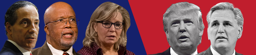 Liz Cheney, Bennie Thompson, Jane Raskin on left, Trump and Kevin McCarthy on the right