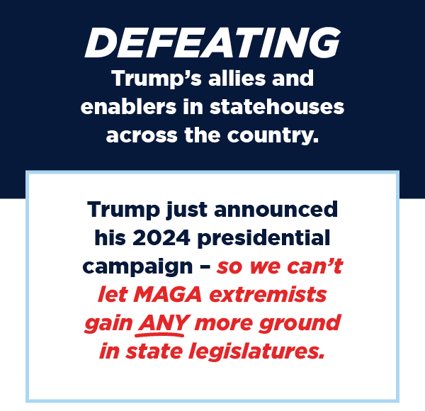 Defeating Trump’s allies and enablers in statehouses across the country.
                        