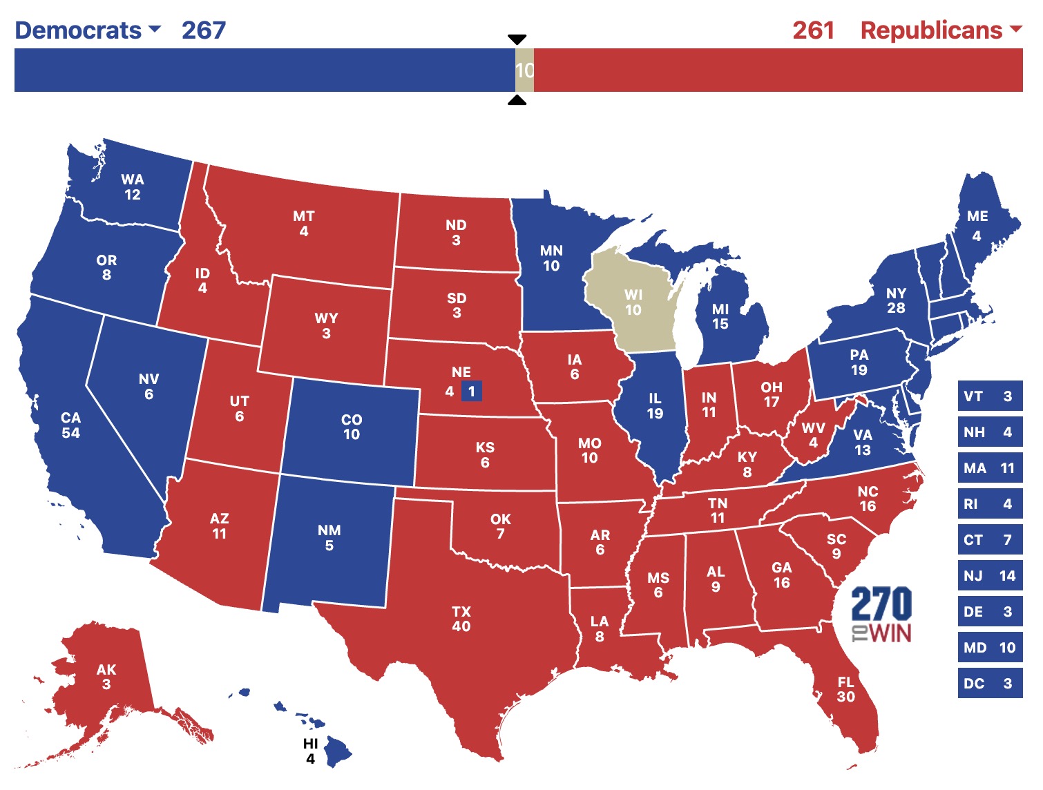 Hypothetical 2024 Electoral Map with Wisconsin as the tipping point state between a Biden and Trump victory