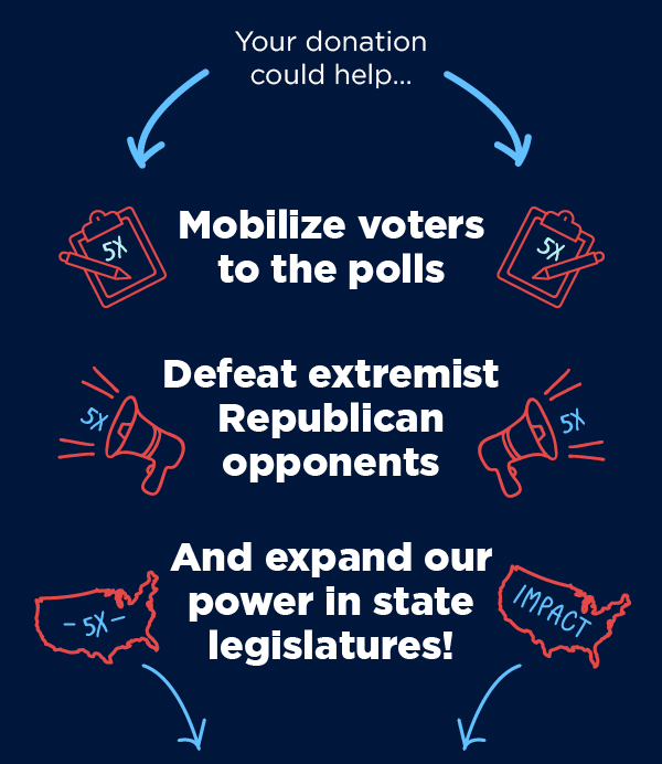 Your donation could help: Mobilize voters to the polls, defeat extremist Republican opponents, and expand our power in state legislatures!