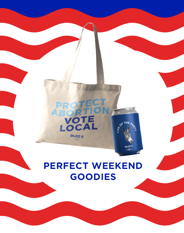 Celebrate the holiday with: 100% union-made merch [t-shirt] Goodies that are perfect for your holiday weekend [Koozie + tote gif] AND supporting state Dems with every purchase [elect state Dem sticker]