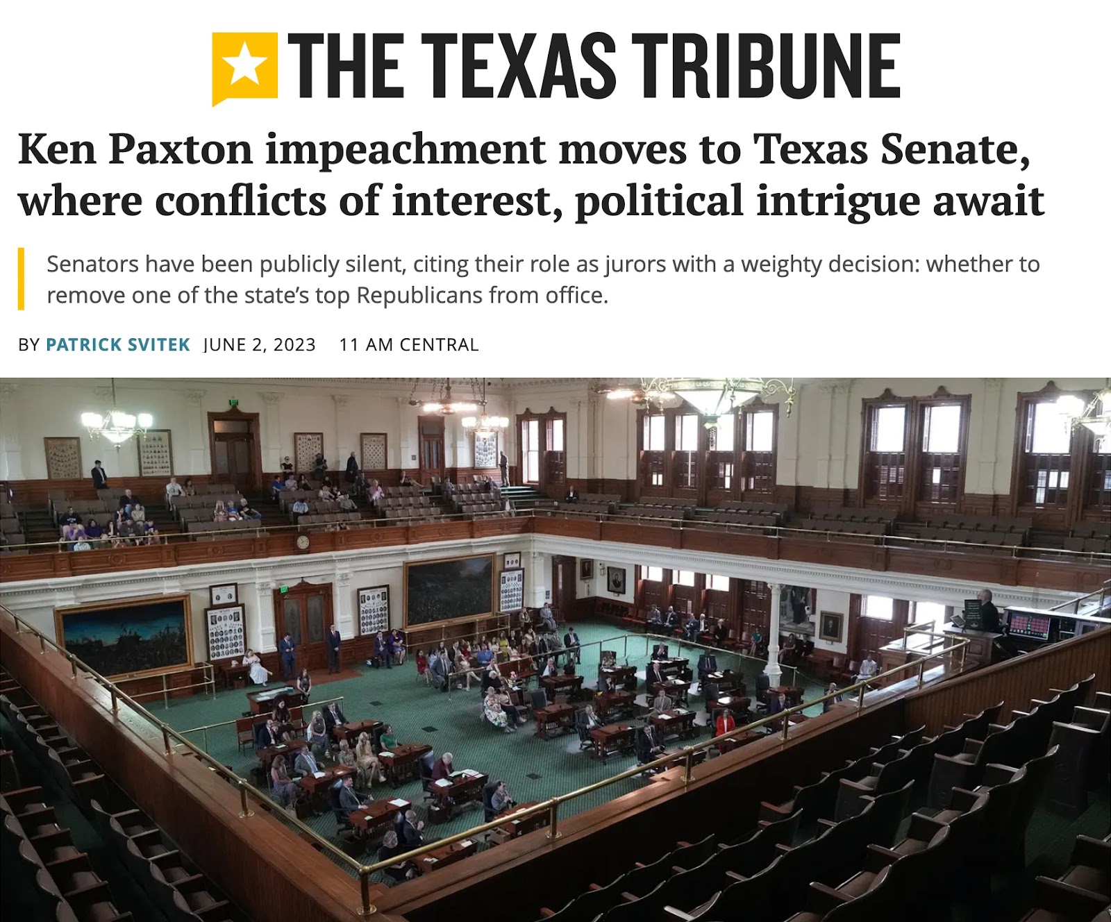 The Texas Tribune: Ken Paxton impeachment moves to Texas Senate, where conflicts of interest, political intrigue await.